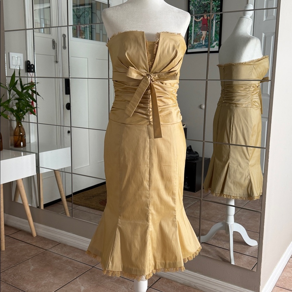 Donna Ricco Strapless Champagne Midi Dress with Front Bow